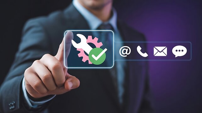 Businessman touching customer service support icon with technical tools and contact options