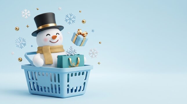 Snowman in shopping basket with gifts and snowflakes on blue background