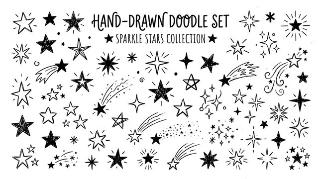 Hand-Drawn Doodle Stars Collection with Sparkle Effects and Shooting Star Elements Set
