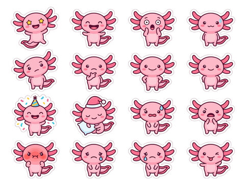 Cute pink axolotl mascot stiker set with various emotions vector