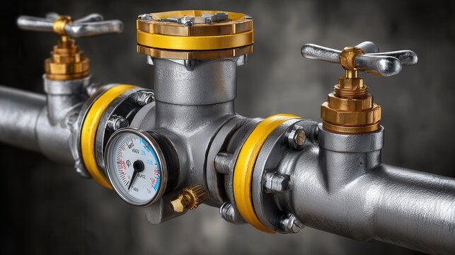copper pipes, brass valves, gauges, and plumber utility