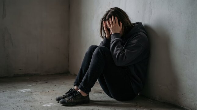 Sad teenager sitting alone in corner with hands on head, feeling depressed, anxious, lonely, suffering from mental health issues, emotional breakdown, isolation, despair