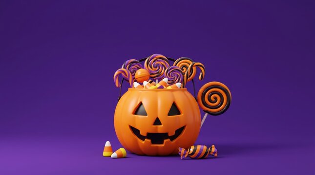Halloween candy in a jack-o-lantern bucket on purple background