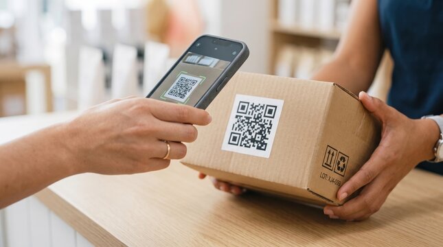 Close up of hands scanning QR code on cardboard box with smartphone for delivery tracking, logistics service, e-commerce shipping, package receipt and verification concept.