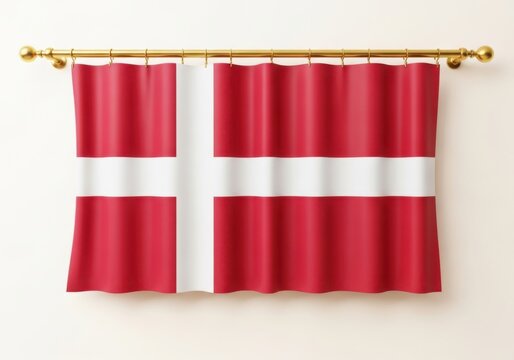 Danish flag hanging on a gold curtain rod against a plain wall