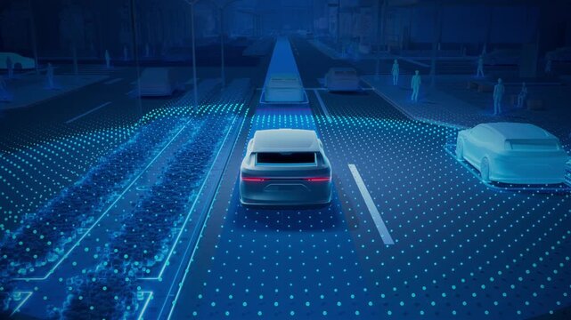 3D Animation Illustrating Technology, Radars and Sensors for Autonomous Taxi. Driverless Car Driving Through City Streets with Radars and Sensors. Fully Autonomous AI-Powered Self-Driving Vehicle. 