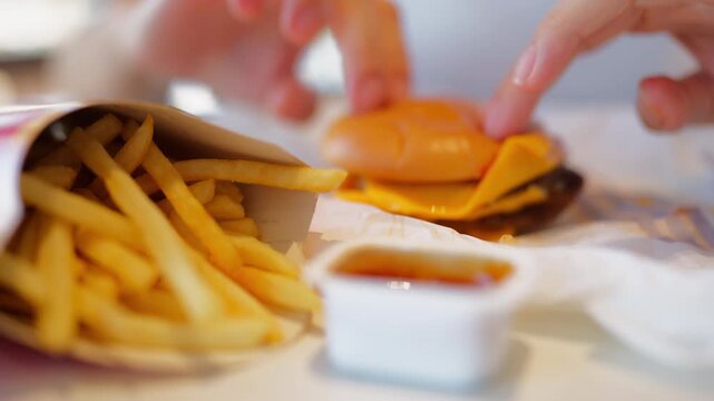 Close-up of a woman's  hand dipping a french fry into a small container of ketchup sauce while eating a fast food meal with a cheeseburger in a restaurant