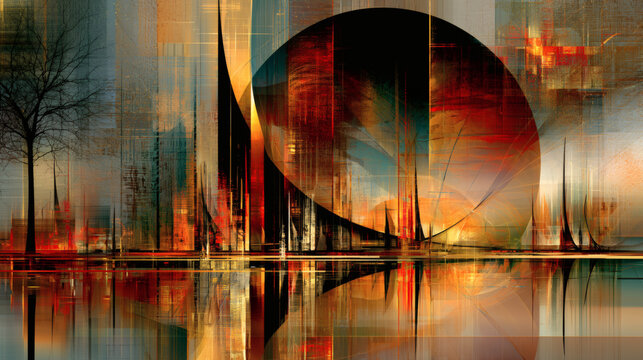 Abstract landscape with large dark circle and reflections on water