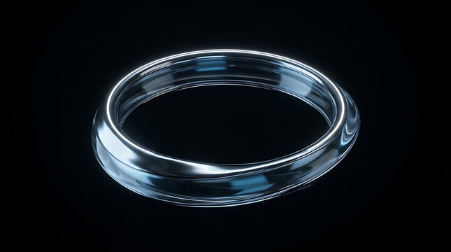 Futuristic liquid chrome halo ring floating in dark space with soft metallic lighting