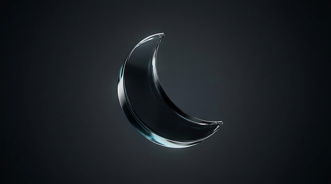 Minimalist black glass crescent moon floating isolated on dark grey background