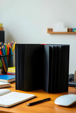 Open black blank book with empty pages on a wooden desk, creative workspace and education
