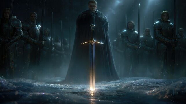 Gleaming sword embedded in icy ground beside armored figures, blue reflections, mist, and cold dramatic lighting creating moody fantasy battle atmosphere, with sword, ice, blade, armor detail