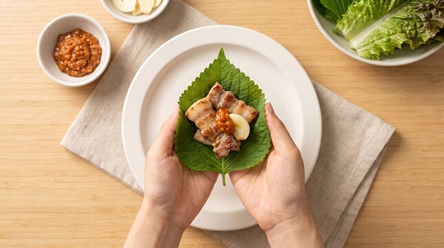 Hands holding Korean grilled pork belly wrap with perilla leaf and ssamjang sauce