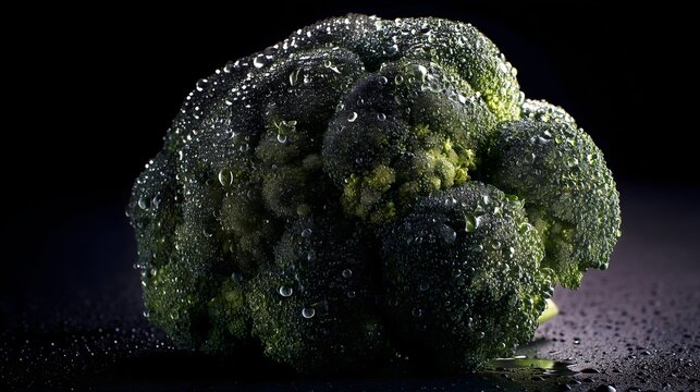 Single fresh head of broccoli covered in water droplets on a dark surface