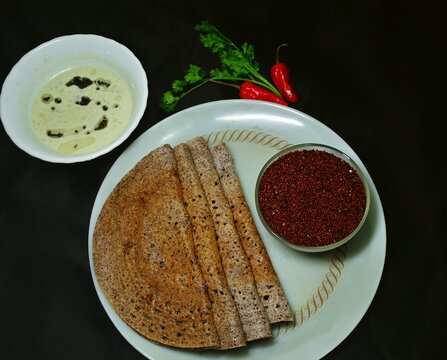 Ragi dosa, finger millet dosa with coconut chutney. Healthy indian breakfast 
