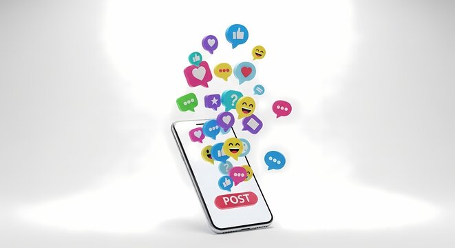 Smartphone with floating social media reaction icons and post text