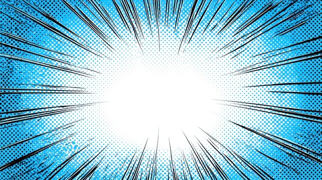 A vibrant blue comic book speed lines background with halftone dots and bright center. Perfect for dynamic action.