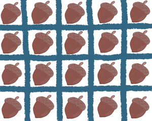 A dense, evenly spaced acorn pattern on a blue torn-paper textured grid, ideal for fall packaging, wrapping paper, and stationery. © Silvie