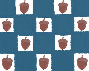 A hand-drawn acorn pattern arranged in an open diagonal checkered layout over a blue torn-paper texture, suited for fall cards and packaging. © Silvie