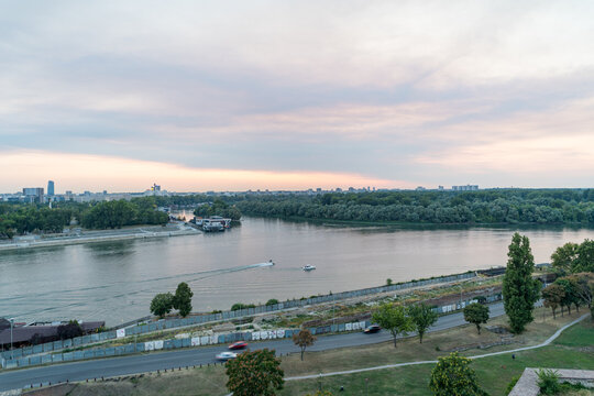 Sunset view of Sava and Danube river confluence in Belgrade Serbia