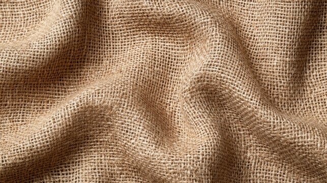 Natural brown burlap fabric texture with soft folds and shadows. Rustic background ideal for food and crafts projects.