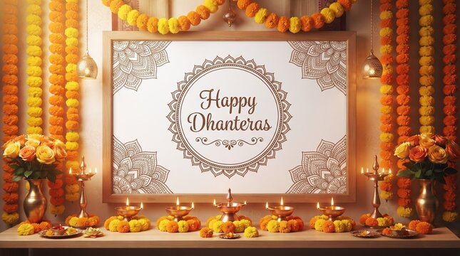A banner with text happy dhanteras indian festival