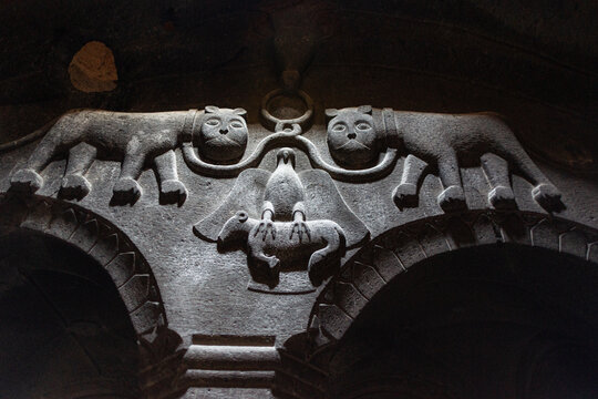 The interior of the cave gavit (narthex) of the Geghard (Ayrivank) monastery complex in Armenia, dating back to the 13th century.
