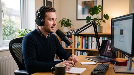 Obraz premium Man wearing headphones talking into a podcast microphone while taking notes at his desk