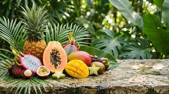 Tropical fruit arrangement on stone surface in lush greenery