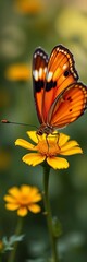 Naklejka premium Delicate orange and black butterfly on yellow flower, hummingbird, garden