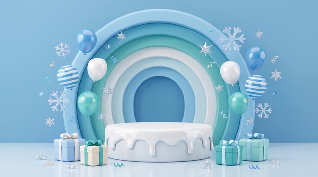 Winter celebration background with rainbow cake and gifts
