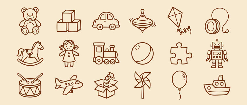Toy Icons Vector Set Kids Playtime Outline Line Collection Design