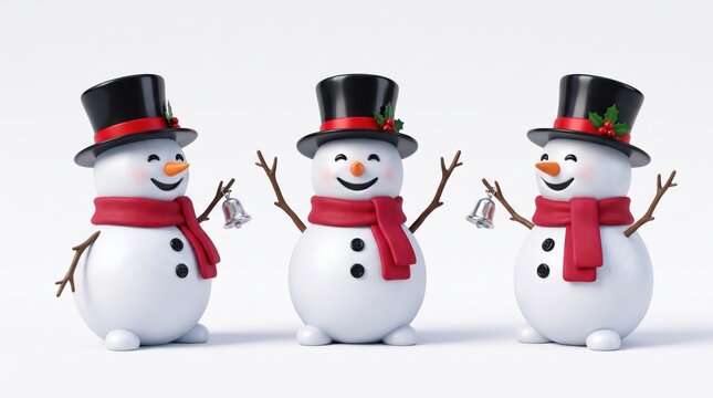 Three cheerful snowmen in top hats and scarves on white background