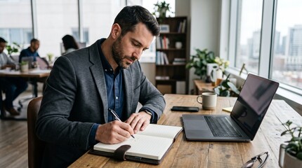 Fototapeta premium Focused businessman writing in notebook at desk with laptop and city view
