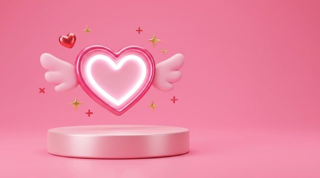 Romantic pink heart with wings and neon light on a podium