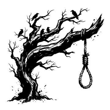 Creepy dead tree with crows and noose illustration.