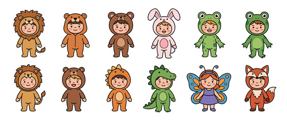 Cute children in various animal and fantasy costumes, isolated
