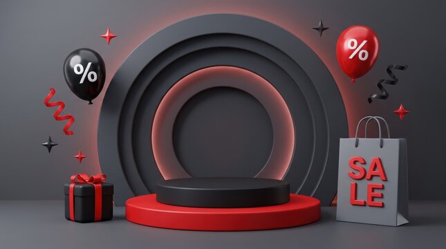 Discount sale podium with gift box and shopping bag on red platform