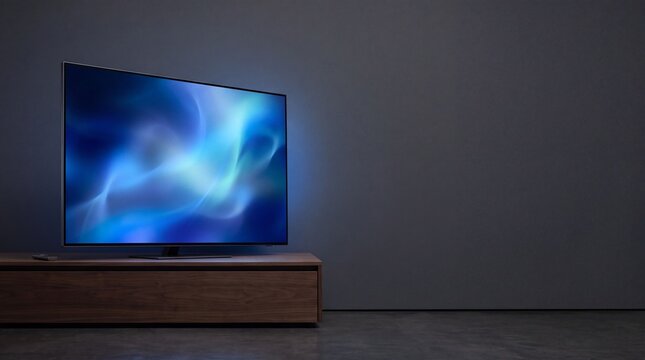 A large flat screen television mounted on a wooden media console against a dark grey wall, ad social media download thambnail poster web template event festival 2026 2027 2028