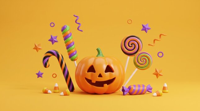 Halloween celebration with jack-o-lantern and colorful candy