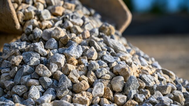 A heap of gray crushed gravel poured from a truck bed. This photo illustrates construction material supply and.