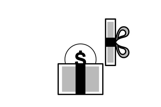Minimalist vector icon of a gift box containing a dollar coin symbol.