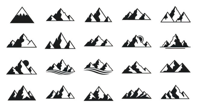 Mountain peaks with sun and waves stylized graphic elements for outdoor adventure branding Isolated on transparent background