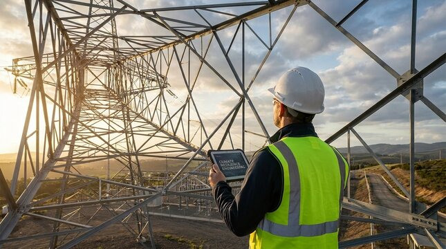 Electrical engineer inspecting high voltage power transmission tower with tablet at sunset