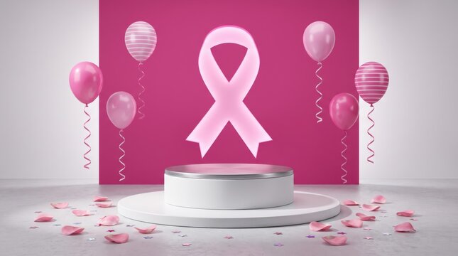Breast cancer awareness pink ribbon with balloons and confetti on podium