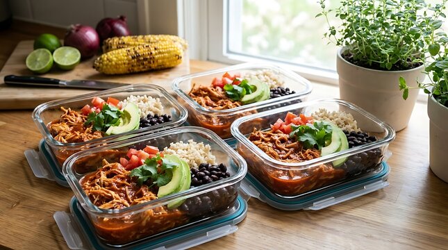 Healthy chicken burrito bowls in plastic containers for meal prep on a wooden kitchen table. Chicken tinga