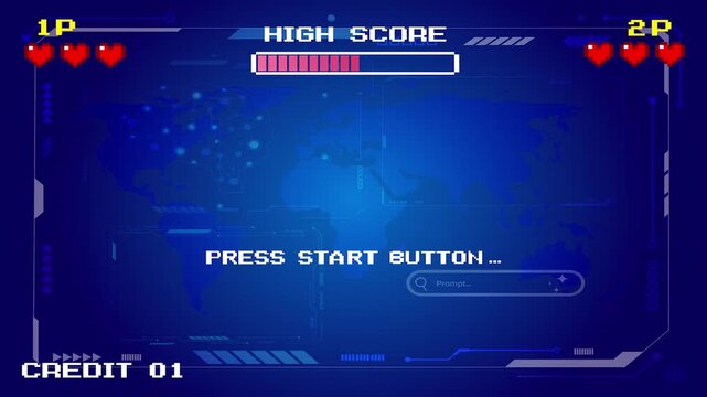 START NEW GAME play. Synthwave wireframe net illustration. pixel art 8 bit . Retro Futurism Sci-Fi Background. glowing neon grid and stars