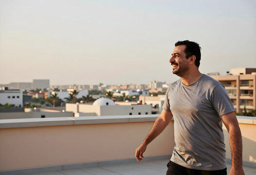 Smiling middle eastern man walking on a rooftop with city buildings in the background during golden hour, the man appears happy and content, enjoying the outdoor urban environment