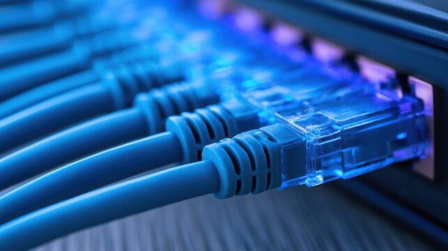 Blue ethernet network cables connected to active server switch ports in a rack. Great for fast data transfer and.