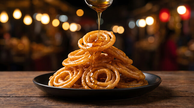 Sweet Crispy Jalebi Stacked on Plate with Syrup Drizzle in Warm Ambient Night Market
